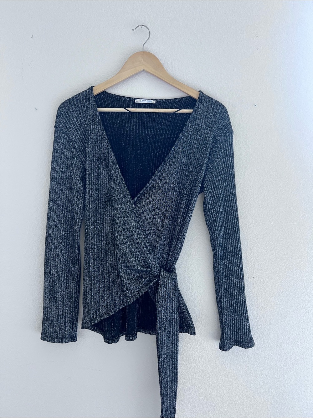 Zara Metallic Gray Ribbed Wrap Top